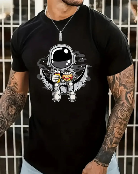 Cartoon Astronaut Pattern T-shirt, Summer Men's Casual Street Style Elastic Round Neck T-shirt