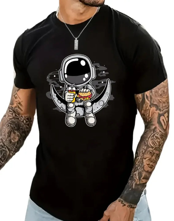 Cartoon Astronaut Pattern T-shirt, Summer Men's Casual Street Style Elastic Round Neck T-shirt