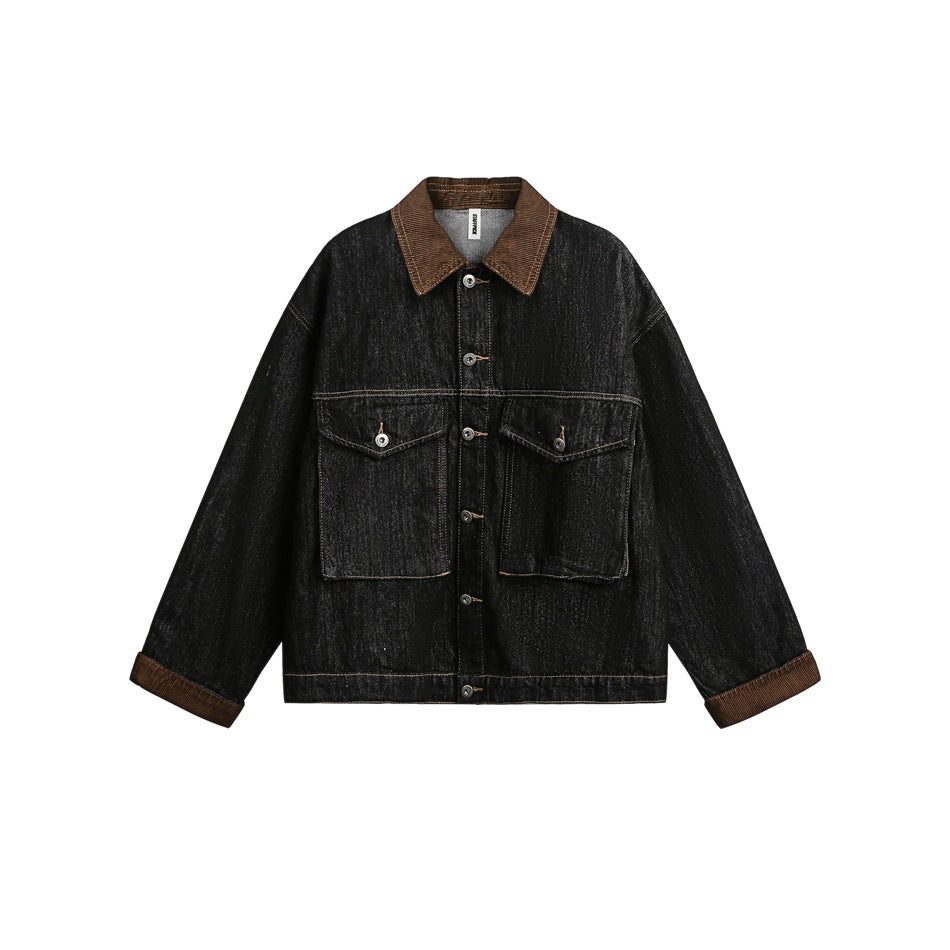 Retro Black Denim Clothes Jacket Lapel Loose Leisure Workwear Coat For Men