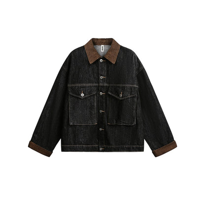 Retro Black Denim Clothes Jacket Lapel Loose Leisure Workwear Coat For Men