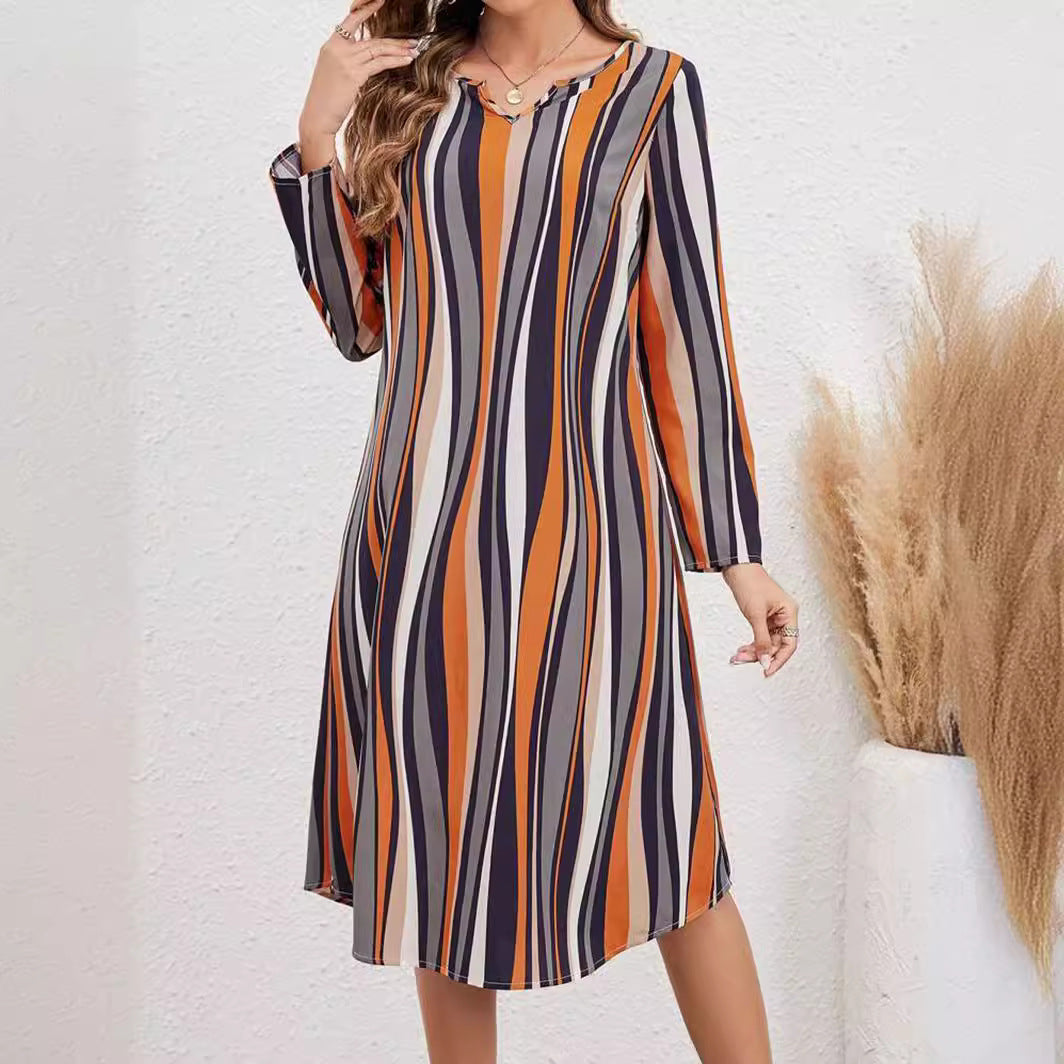 European And American Striped Print Elegant Style Long Sleeve V-neck Dress Women