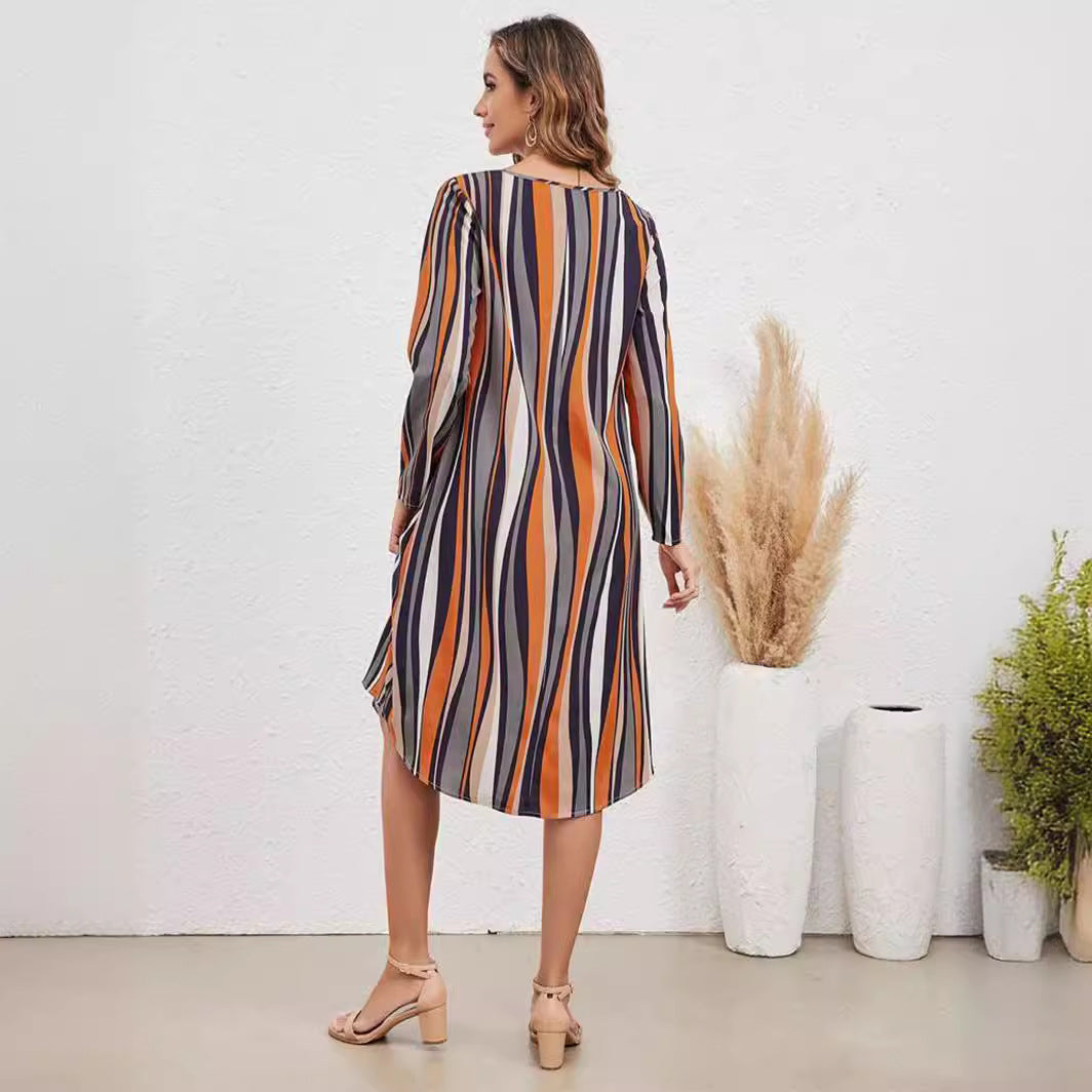 European And American Striped Print Elegant Style Long Sleeve V-neck Dress Women