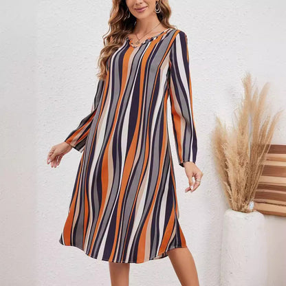 European And American Striped Print Elegant Style Long Sleeve V-neck Dress Women