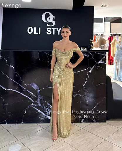 Verngo Gold Sequined Mermaid Off The Shoulder Prom Gown Side Slit Gliiter Evening Dress Sexy Dinner Party Dress Customized